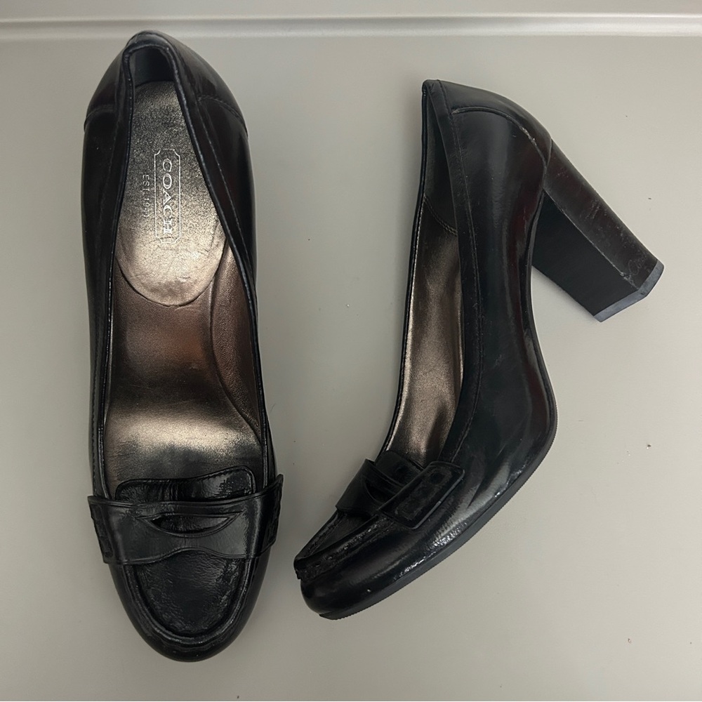 Coach Black Leather Block Heel Loafers